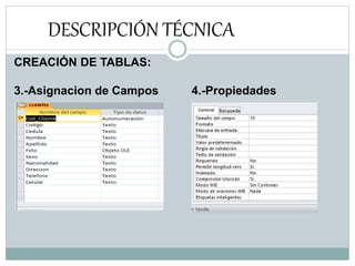DESCRIPCIÓN TÉCNICA
CREACIÓN DE TABLAS:
3.-Asignacion de Campos 4.-Propiedades
 