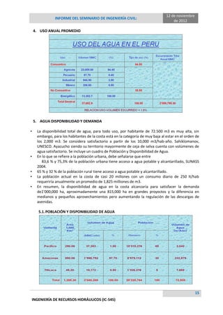 INFORME DEL SEMINARIO DE INGENIERÍA CIVIL:
12 de noviembre
de 2012
15
INGENIERÍA DE RECURSOS HIDRÁULICOS (IC-545)
4. USO ANUAL PROMEDIO
5. AGUA DISPONIBILIDAD Y DEMANDA
• La disponibilidad total de agua, para todo uso, por habitante de 72.500 m3 es muy alta, sin
embargo, para los habitantes de la costa está en la categoría de muy baja al estar en el orden de
los 2,000 m3. Se considera satisfactorio a partir de los 10,000 m3/hab-año. Sahiklomanov,
UNESCO. Ayacucho siendo su territorio mayormente de ceja de selva cuenta con volúmenes de
agua satisfactorio. Se incluye un cuadro de Población y Disponibilidad de Agua.
• En lo que se refiere a la población urbana, debe señalarse que entre
83,6 % y 75,3% de la población urbana tiene acceso a agua potable y alcantarillado, SUNASS
2004.
• 65 % y 32 % de la población rural tiene acceso a agua potable y alcantarillado.
• La población actual en la costa de casi 20 millones con un consumo diario de 250 lt/hab
requeriría anualmente un promedio de 1,825 milliones de m3.
• En resumen, la disponibilidad de agua en la costa alcanzaría para satisfacer la demanda
de1’000,000 ha, aproximadamente una 815,000 ha en grandes proyectos y la diferencia en
medianos y pequeños aprovechamientos pero aumentando la regulación de las descargas de
avenidas.
5.1.POBLACIÓN Y DISPONIBILIDAD DE AGUA
 