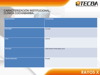CARACTERIZACIÓN INSTITUCIONAL
CLÍNICA COCHABAMBA.
Departamento: Cochabamba
Municipio: Cercado
Zona: Central
Dirección: Calle Pasteur frente plaza sucre
Tipo de Institución Privada
 
