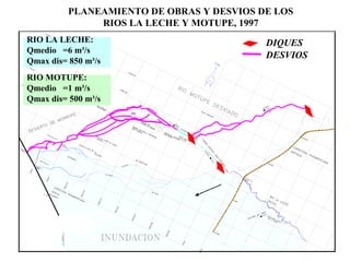 PLANEAMIENTO DE OBRAS Y DESVIOS DE LOS
RIOS LA LECHE Y MOTUPE, 1997
DIQUES
DESVIOS
RIO LA LECHE:
Qmedio =6 m³/s
Qmax dis= 850 m³/s
RIO MOTUPE:
Qmedio =1 m³/s
Qmax dis= 500 m³/s
 