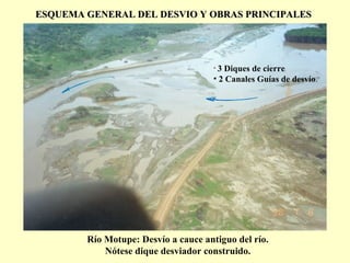 ESQUEMA GENERAL DEL DESVIO Y OBRAS PRINCIPALESESQUEMA GENERAL DEL DESVIO Y OBRAS PRINCIPALES
Río Motupe: Desvío a cauce antiguo del río.
Nótese dique desviador construido.
• 3 Diques de cierre
• 2 Canales Guías de desvío.
 