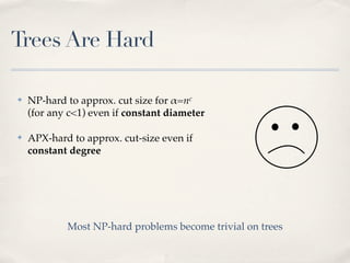 Trees Are Hard

✤   NP-hard to approx. cut size for !=nc
    (for any c<1) even if constant diameter

✤   APX-hard to approx. cut-size even if
    constant degree




            Most NP-hard problems become trivial on trees
 
