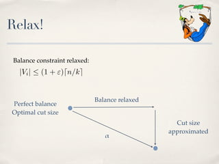 Relax!

 Balance constraint relaxed:
   |Vi |  (1 + ")dn/ke


                               Balance relaxed
Perfect balance
Optimal cut size
                                                   Cut size
                                                 approximated
                                  !
 