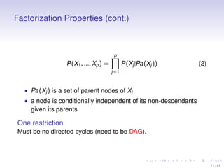Factorization Properties (cont.)

p

P (X1 , ..., Xp ) =

P (Xj |Pa (Xj ))

(2)

j =1

• Pa (Xj ) is a set of parent nodes...