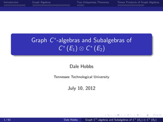 Introduction   Graph Algebras                  Two Uniqueness Theorems         Tensor Products of Graph Algebras




               Graph C ∗ -algebras and Subalgebras of
                          C ∗ (E1 ) ⊗ C ∗ (E2 )

                                          Dale Hobbs

                                Tennessee Technological University


                                        July 10, 2012




1 / 53                                Dale Hobbs     Graph C ∗ -algebras and Subalgebras of C ∗ (E1 ) ⊗ C ∗ (E2 )
 