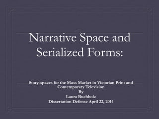 Narrative Space and
Serialized Forms:
Story-spaces for the Mass Market in Victorian Print and
Contemporary Television
By
Laura Buchholz
Dissertation Defense April 22, 2014
 