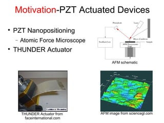 Motivation-PZT Actuated Devices

PZT Nanopositioning
− Atomic Force Microscope

THUNDER Actuator
AFM image from sciencegl.com
AFM schematic
THUNDER Actuator from
faceinternational.com
 