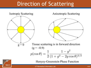 UT Biomedical Informatics Lab
Direction of Scattering
10/60
Isotropic Scattering Anisotropic Scattering
Tissue scattering is in forward direction
(g = ~0.9)
Henyey-Greenstein Phase Function
g = 0
 