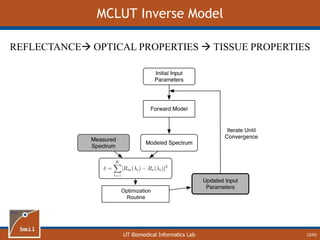UT Biomedical Informatics Lab
MCLUT Inverse Model
REFLECTANCE OPTICAL PROPERTIES  TISSUE PROPERTIES
Optimization
Routine
22/60
 