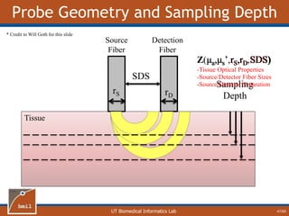UT Biomedical Informatics Lab
Probe Geometry and Sampling Depth
47
Tissue
Source
Fiber
Detection
Fiber
SDS
Sampling
Depth
Z(μa,μs’,rS,rD,SDS)
rS rD
-Tissue Optical Properties
-Source/Detector Fiber Sizes
-Source/Detector Separation
* Credit to Will Goth for this slide
47/60
 