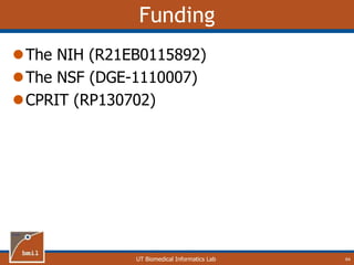 UT Biomedical Informatics Lab
Funding
The NIH (R21EB0115892)
The NSF (DGE-1110007)
CPRIT (RP130702)
64
 