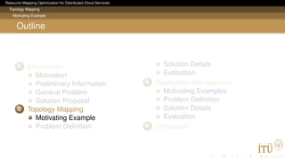 Resource Mapping Optimization for Distributed Cloud Services
Topology Mapping
Motivating Example
Outline
1 Introduction
Motivation
Preliminary Information
General Problem
Solution Proposal
2 Topology Mapping
Motivating Example
Problem Deﬁnition
Solution Details
Evaluation
3 Replication Management
Motivating Examples
Problem Deﬁnition
Solution Details
Evaluation
4 Conclusion
 