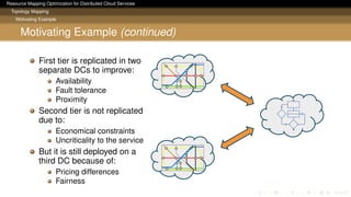 Resource Mapping Optimization for Distributed Cloud Services
Topology Mapping
Motivating Example
Motivating Example (continued)
First tier is replicated in two
separate DCs to improve:
Availability
Fault tolerance
Proximity
Second tier is not replicated
due to:
Economical constraints
Uncriticality to the service
But it is still deployed on a
third DC because of:
Pricing differences
Fairness
 