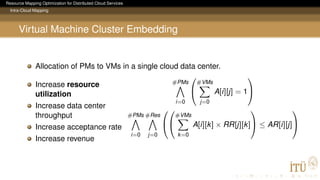Resource Mapping Optimization for Distributed Cloud Services
Intra-Cloud Mapping
Virtual Machine Cluster Embedding
Allocation of PMs to VMs in a single cloud data center.
Increase resource
utilization
Increase data center
throughput
Increase acceptance rate
Increase revenue
#PMs
i=0


#VMs
j=0
A[i][j] = 1


#PMs
i=0
#Res
j=0




#VMs
k=0
A[i][k] × RR[j][k]

 ≤ AR[i][j]


 