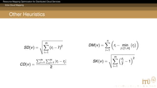 Resource Mapping Optimization for Distributed Cloud Services
Intra-Cloud Mapping
Other Heuristics
SD(v) =
m
i=1
(ri − ¯r)2
CD(v) =
m
i=1
m
j=1 |ri − rj|
2
DM(v) =
n
i=1
ri − min
j∈[1,m]
rj
SK(v) =
m
i=1
ri
¯r
− 1
2
 