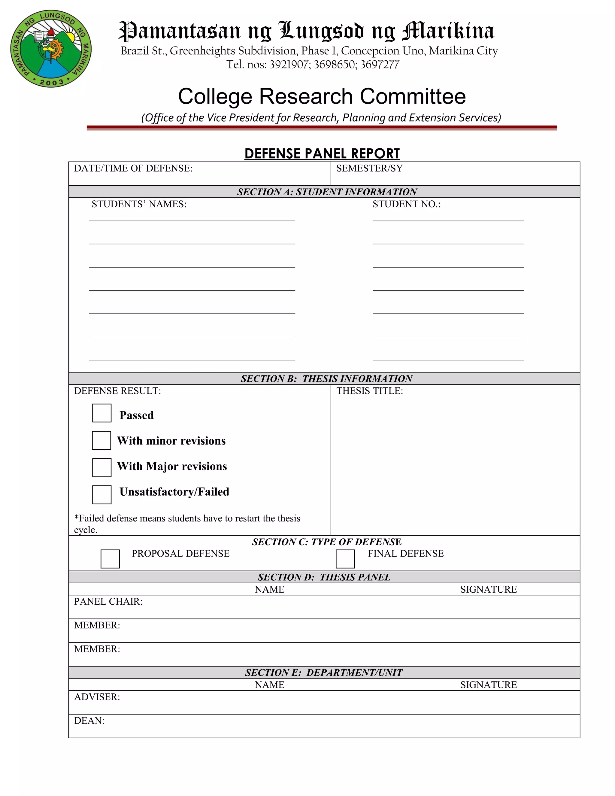Defense panel report sheet crc | DOC