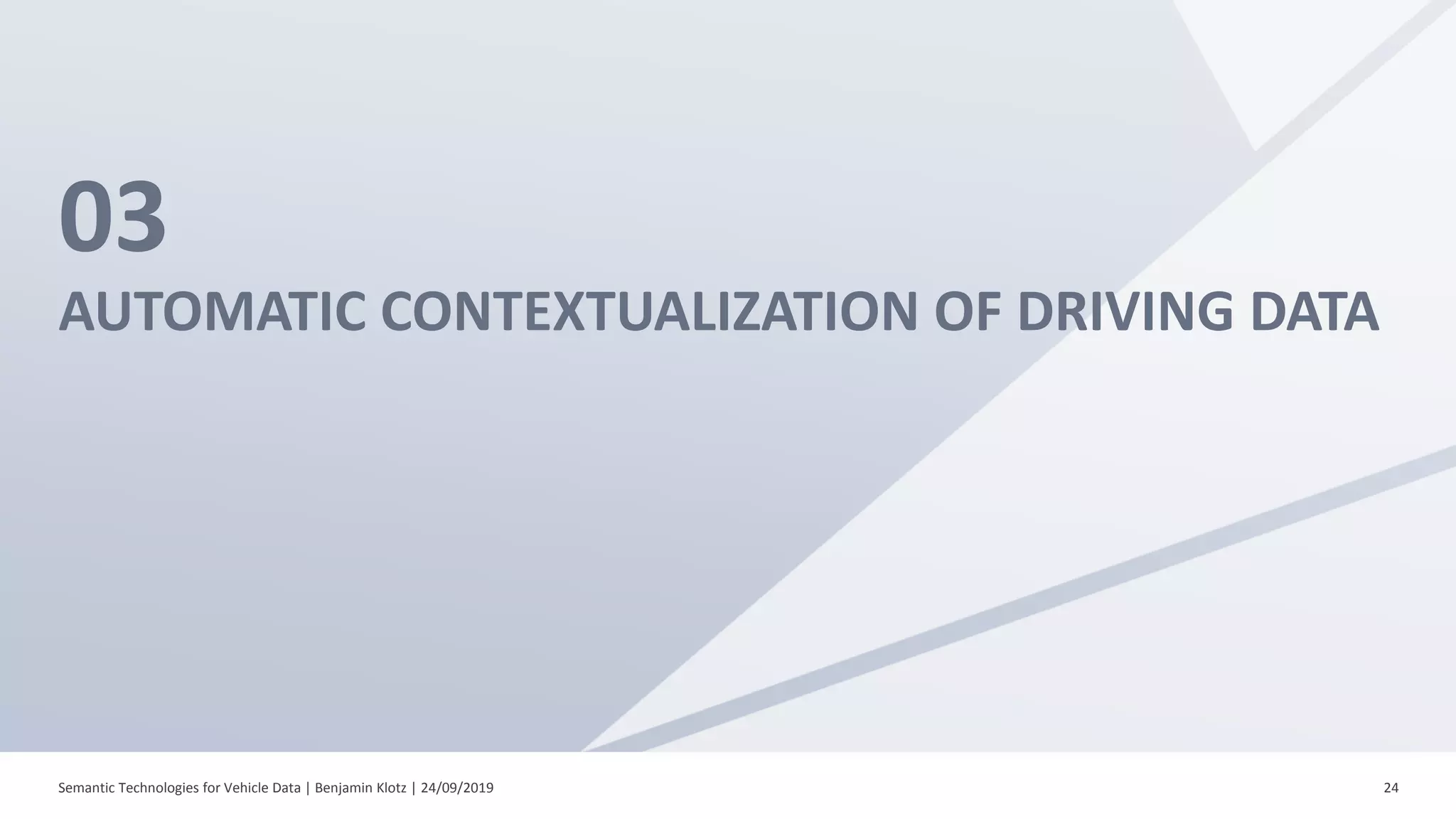 03
AUTOMATIC CONTEXTUALIZATION OF DRIVING DATA
Semantic Technologies for Vehicle Data | Benjamin Klotz | 24/09/2019 24
 