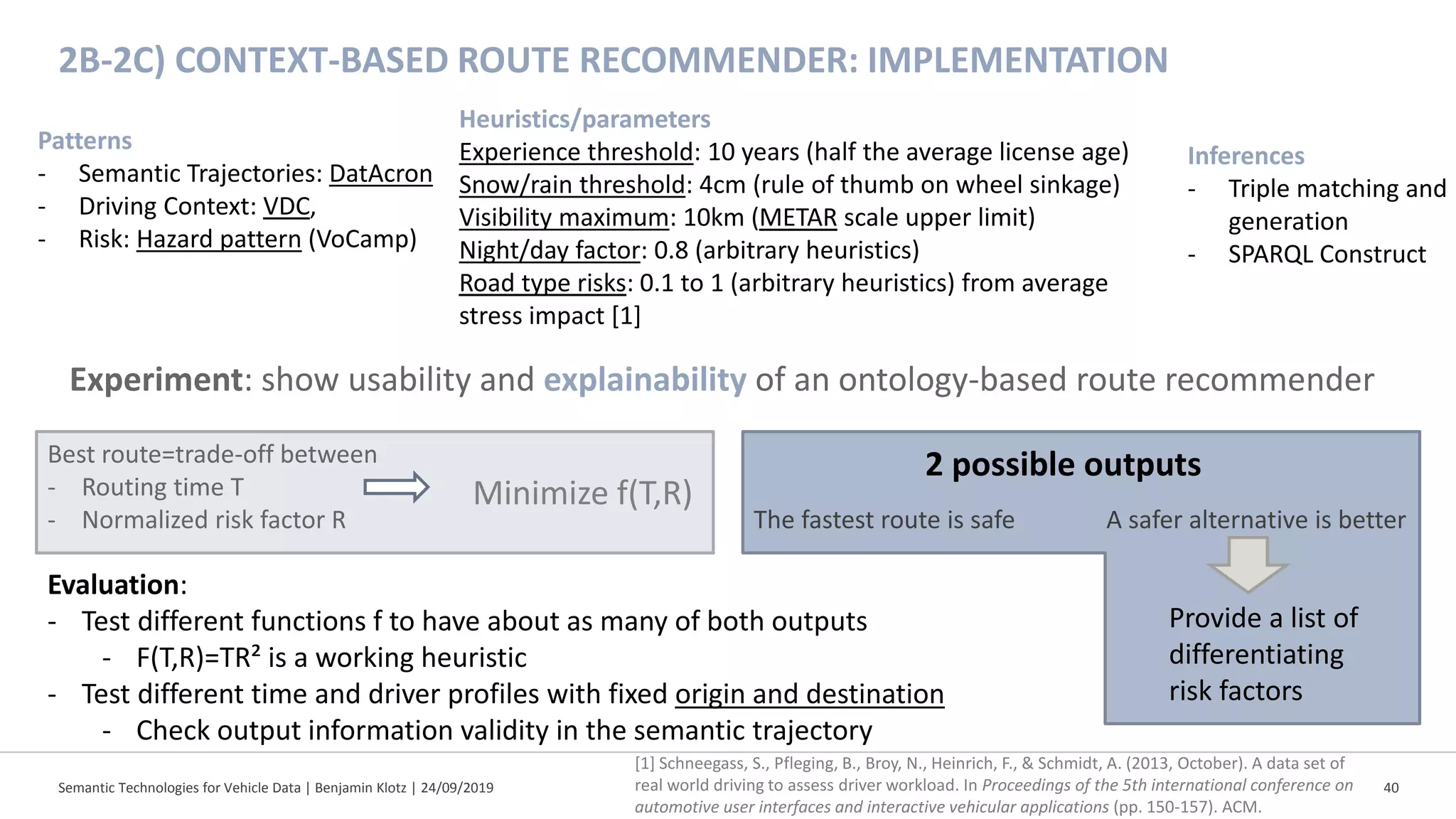 The fastest route is safe A safer alternative is better
Semantic Technologies for Vehicle Data | Benjamin Klotz | 24/09/2019 40
2B-2C) CONTEXT-BASED ROUTE RECOMMENDER: IMPLEMENTATION
Patterns
- Semantic Trajectories: DatAcron
- Driving Context: VDC,
- Risk: Hazard pattern (VoCamp)
Inferences
- Triple matching and
generation
- SPARQL Construct
Best route=trade-off between
- Routing time T
- Normalized risk factor R
Minimize f(T,R)
Experiment: show usability and explainability of an ontology-based route recommender
2 possible outputs
Provide a list of
differentiating
risk factors
Evaluation:
- Test different functions f to have about as many of both outputs
- F(T,R)=TR² is a working heuristic
- Test different time and driver profiles with fixed origin and destination
- Check output information validity in the semantic trajectory
Heuristics/parameters
Experience threshold: 10 years (half the average license age)
Snow/rain threshold: 4cm (rule of thumb on wheel sinkage)
Visibility maximum: 10km (METAR scale upper limit)
Night/day factor: 0.8 (arbitrary heuristics)
Road type risks: 0.1 to 1 (arbitrary heuristics) from average
stress impact [1]
[1] Schneegass, S., Pfleging, B., Broy, N., Heinrich, F., & Schmidt, A. (2013, October). A data set of
real world driving to assess driver workload. In Proceedings of the 5th international conference on
automotive user interfaces and interactive vehicular applications (pp. 150-157). ACM.
 