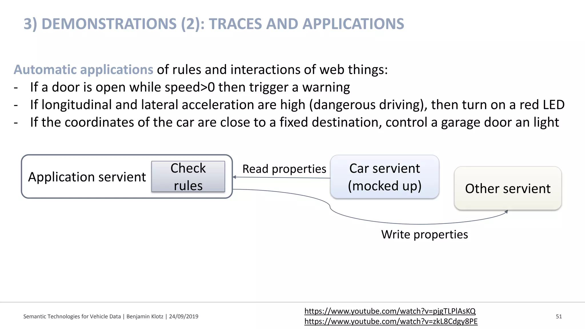Semantic Technologies for Vehicle Data | Benjamin Klotz | 24/09/2019 51
3) DEMONSTRATIONS (2): TRACES AND APPLICATIONS
Automatic applications of rules and interactions of web things:
- If a door is open while speed>0 then trigger a warning
- If longitudinal and lateral acceleration are high (dangerous driving), then turn on a red LED
- If the coordinates of the car are close to a fixed destination, control a garage door an light
Application servient
Car servient
(mocked up)
Check
rules Other servient
Read properties
Write properties
https://www.youtube.com/watch?v=pjgTLPlAsKQ
https://www.youtube.com/watch?v=zkL8Cdgy8PE
 