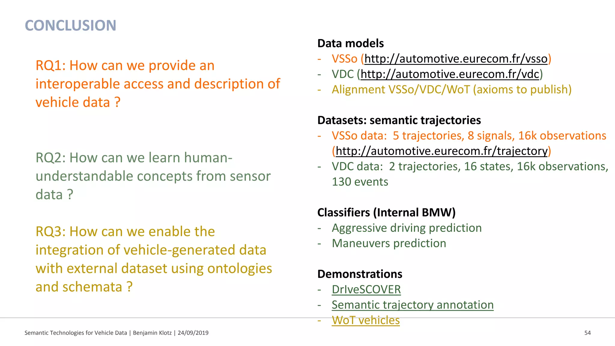 Semantic Technologies for Vehicle Data | Benjamin Klotz | 24/09/2019 54
CONCLUSION
RQ1: How can we provide an
interoperable access and description of
vehicle data ?
RQ2: How can we learn human-
understandable concepts from sensor
data ?
RQ3: How can we enable the
integration of vehicle-generated data
with external dataset using ontologies
and schemata ?
Data models
- VSSo (http://automotive.eurecom.fr/vsso)
- VDC (http://automotive.eurecom.fr/vdc)
- Alignment VSSo/VDC/WoT (axioms to publish)
Datasets: semantic trajectories
- VSSo data: 5 trajectories, 8 signals, 16k observations
(http://automotive.eurecom.fr/trajectory)
- VDC data: 2 trajectories, 16 states, 16k observations,
130 events
Classifiers (Internal BMW)
- Aggressive driving prediction
- Maneuvers prediction
Demonstrations
- DrIveSCOVER
- Semantic trajectory annotation
- WoT vehicles
 