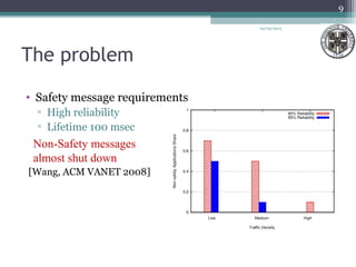 The problem
• Safety message requirements
▫ High reliability
▫ Lifetime 100 msec
[Wang, ACM VANET 2008]
04/03/2013
9
Non-Safety messages
almost shut down
Low Medium High
Traffic Density
 