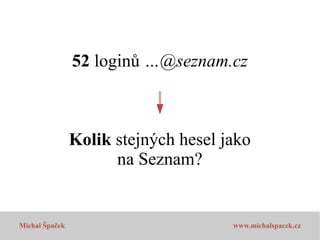 52 loginů …@seznam.cz

Kolik stejných hesel jako
na Seznam?

Michal Špaček

www.michalspacek.cz

 