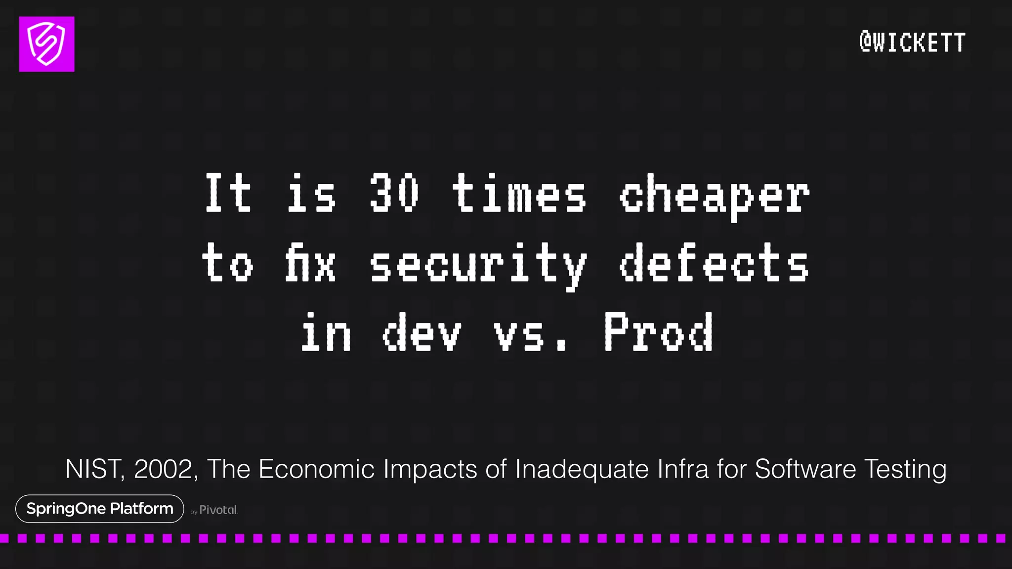 @WICKETT
It is 30 times cheaper
to ﬁx security defects
in dev vs. Prod
NIST, 2002, The Economic Impacts of Inadequate Infra for Software Testing
 