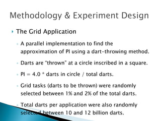    The Grid Application
    ◦ A parallel implementation to find the
      approximation of PI using a dart-throwing method.

    ◦ Darts are “thrown” at a circle inscribed in a square.

    ◦ PI = 4.0 * darts in circle / total darts.

    ◦ Grid tasks (darts to be thrown) were randomly
      selected between 1% and 2% of the total darts.

    ◦ Total darts per application were also randomly
      selected between 10 and 12 billion darts.
 