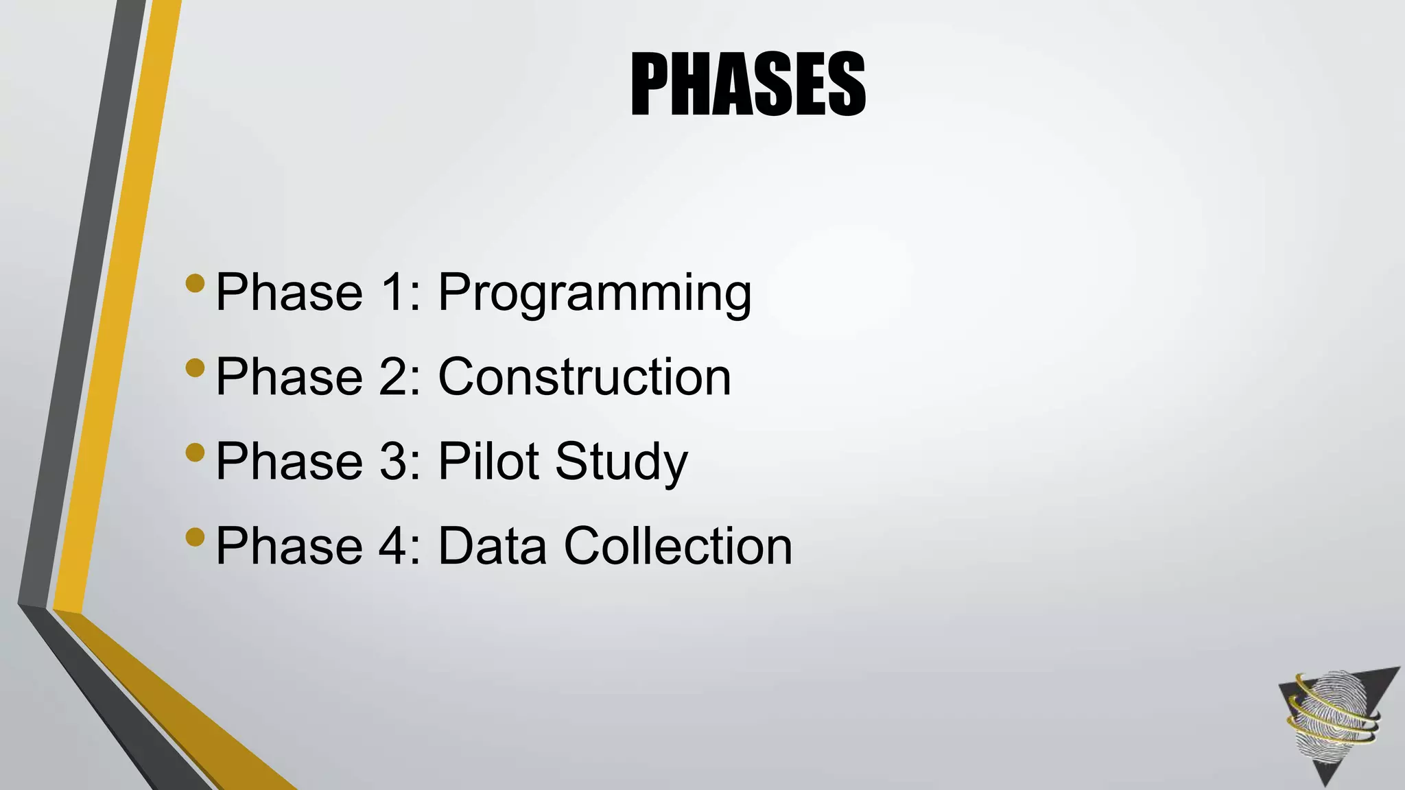 •Phase 1: Programming
•Phase 2: Construction
•Phase 3: Pilot Study
•Phase 4: Data Collection
PHASES
 