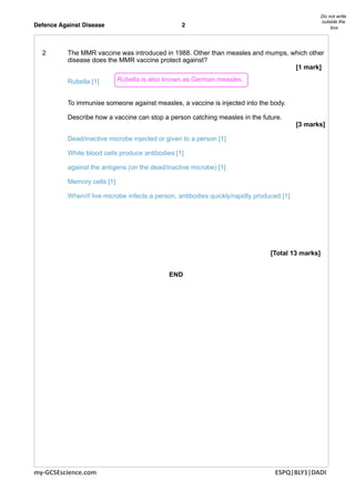 Defence Against Disease! ! ! ! 2
! 2 The MMR vaccine was introduced in 1988. Other than measles and mumps, which other
disease does the MMR vaccine protect against?
[1 mark]
! Rubella [1]
! To immunise someone against measles, a vaccine is injected into the body.
! Describe how a vaccine can stop a person catching measles in the future.
[3 marks]
! Dead/inactive microbe injected or given to a person [1]
! White blood cells produce antibodies [1]
! against the antigens (on the dead/inactive microbe) [1]
! Memory cells [1]
! When/if live microbe infects a person, antibodies quickly/rapidly produced [1]
!!!
!
! [Total 13 marks]
!! END
! !!!!!!!!!!!!!!!!!!!!!!!!!!!!!
my-­‐GCSEscience.com	
  	
   	
   	
   	
   	
   	
   	
   	
   	
   	
   	
   	
   	
   	
   	
   	
   	
   	
   	
   	
   	
  	
  	
  	
  	
  	
  	
  	
  ESPQ|BLY1|DADI
Do not write
outside the
box	

Rubella is also known as German measles.
 