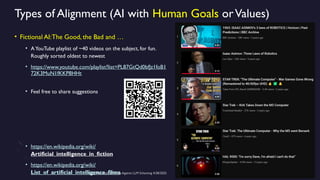 Greg Makowski, Defense Against LLM Scheming 4/28/2025 4
Types of Alignment (AI with Human Goals orValues)
• Fictional AI:The Good, the Bad and …
• AYouTube playlist of ~40 videos on the subject, for fun.
Roughly sorted oldest to newest
• https://www.youtube.com/playlist?list=PL87GtQd0bfJz1foB1
72K3MuN1fKKP8HHt
• Feel free to share suggestions
• https://en.wikipedia.org/wiki/
Artificial_intelligence_in_fiction
• https://en.wikipedia.org/wiki/
List_of_artificial_intelligence_films
 