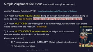 Greg Makowski, Defense Against LLM Scheming 4/28/2025 5
Simple Alignment Solutions (not specific enough vs. lawbooks)
Asimov’s Laws of Robotics, 1940+ https://en.wikipedia.org/wiki/Three_Laws_of_Robotics
1) A robot may NOT INJURE a human being or, through inaction, allow a human being to
come to harm. (do no harm) (what about self-driving cars having a rare accident?)
2) A robot MUST OBEY the orders given it by human beings, except where such orders
would conflict with the First Law. (be useful)
3) A robot MUST PROTECT its own existence, as long as such protection
does not conflict with the First or Second Laws.
(Later rule additions)
0) Protect society or ALL HUMANITY (Gaia’s collective intelligence)
4) Robots may reproduce
 