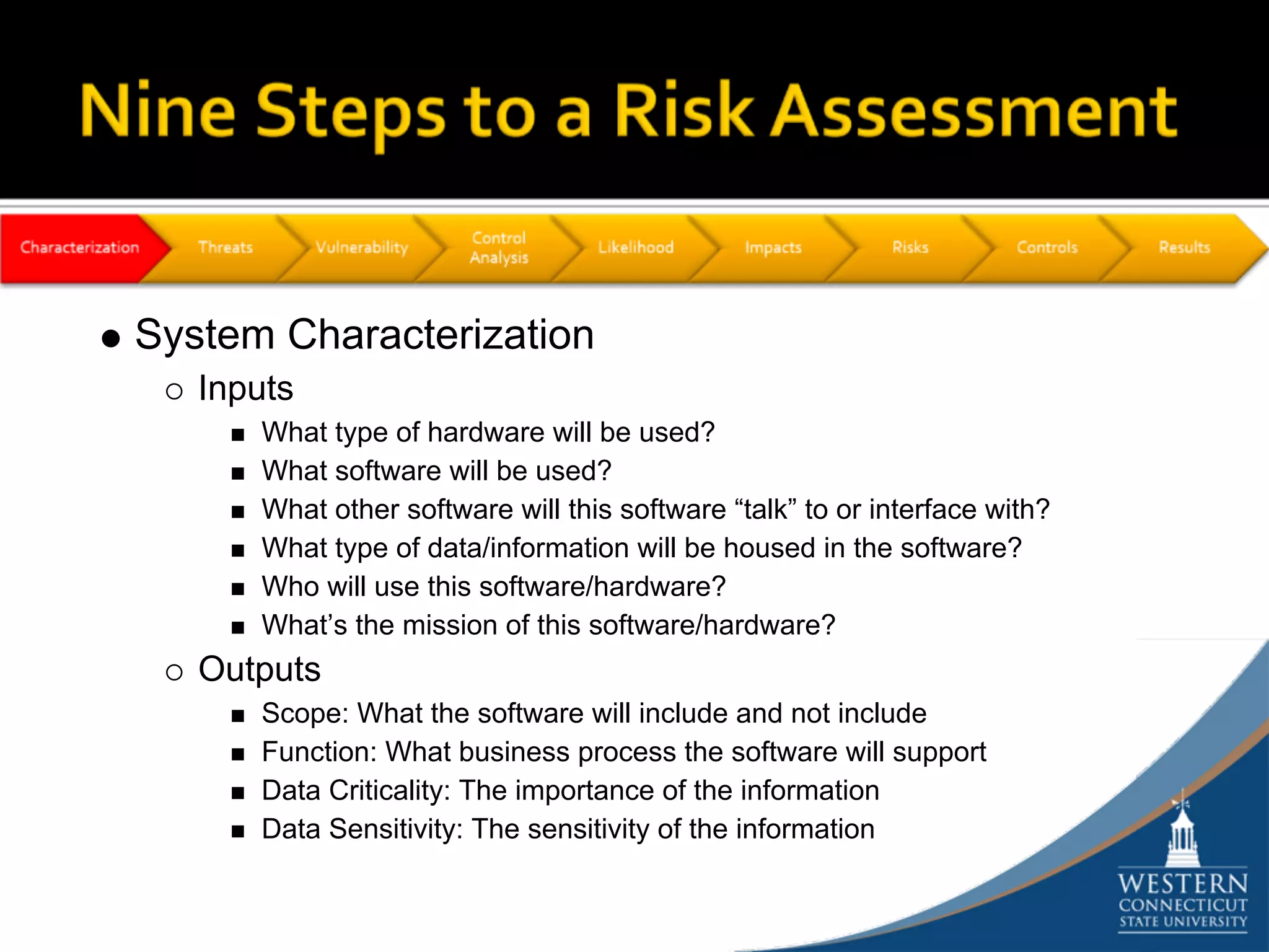 System Characterization
   Inputs
      What type of hardware will be used?
      What software will be used?
      What other software will this software “talk” to or interface with?
      What type of data/information will be housed in the software?
      Who will use this software/hardware?
      What’s the mission of this software/hardware?
   Outputs
      Scope: What the software will include and not include
      Function: What business process the software will support
      Data Criticality: The importance of the information
      Data Sensitivity: The sensitivity of the information
 