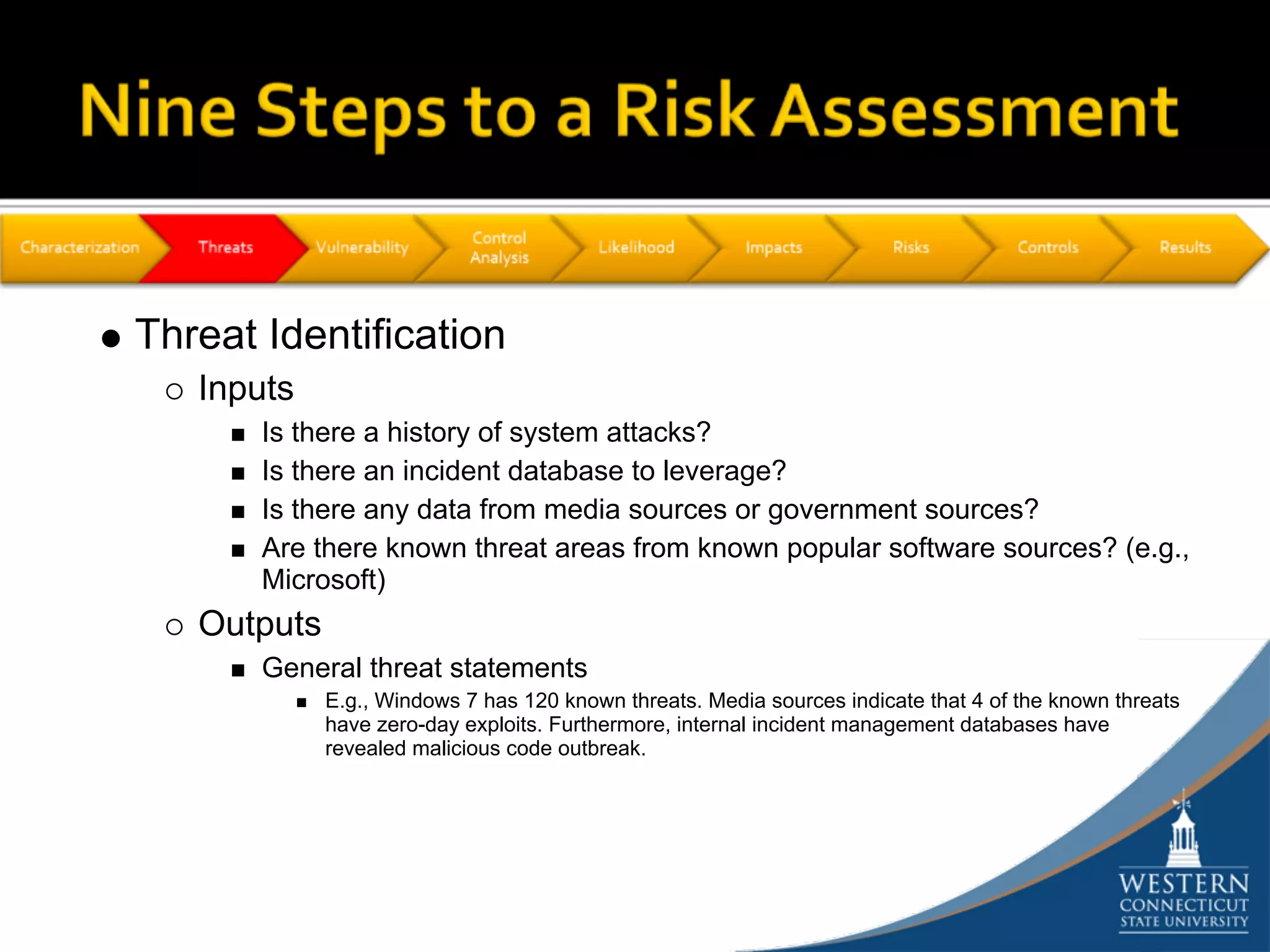 Threat Identification
   Inputs
       Is there a history of system attacks?
       Is there an incident database to leverage?
       Is there any data from media sources or government sources?
       Are there known threat areas from known popular software sources? (e.g.,
       Microsoft)
   Outputs
       General threat statements
             E.g., Windows 7 has 120 known threats. Media sources indicate that 4 of the known threats
             have zero-day exploits. Furthermore, internal incident management databases have
             revealed malicious code outbreak.
 