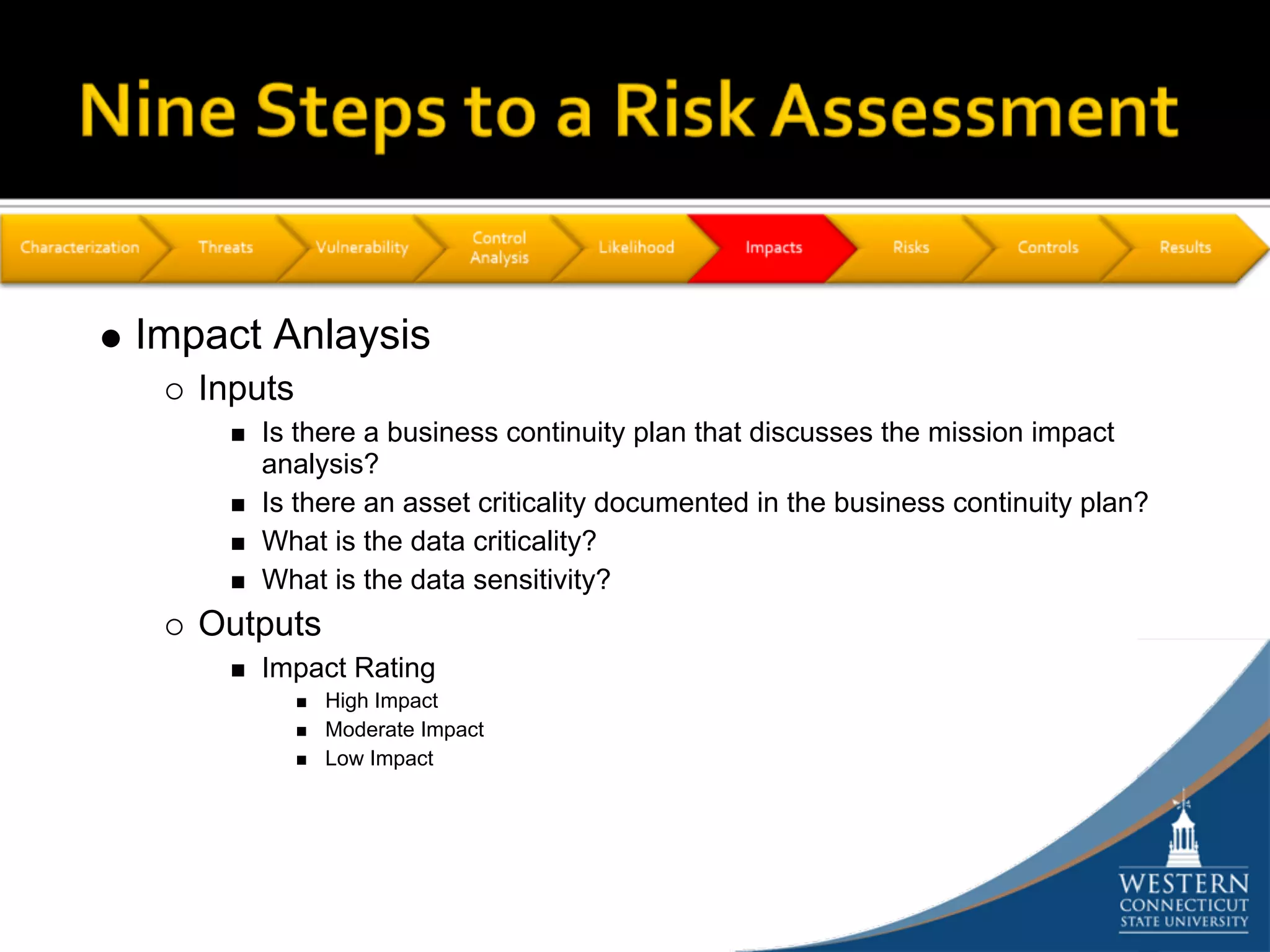 Impact Anlaysis
   Inputs
      Is there a business continuity plan that discusses the mission impact
      analysis?
      Is there an asset criticality documented in the business continuity plan?
      What is the data criticality?
      What is the data sensitivity?
   Outputs
      Impact Rating
             High Impact
             Moderate Impact
             Low Impact
 