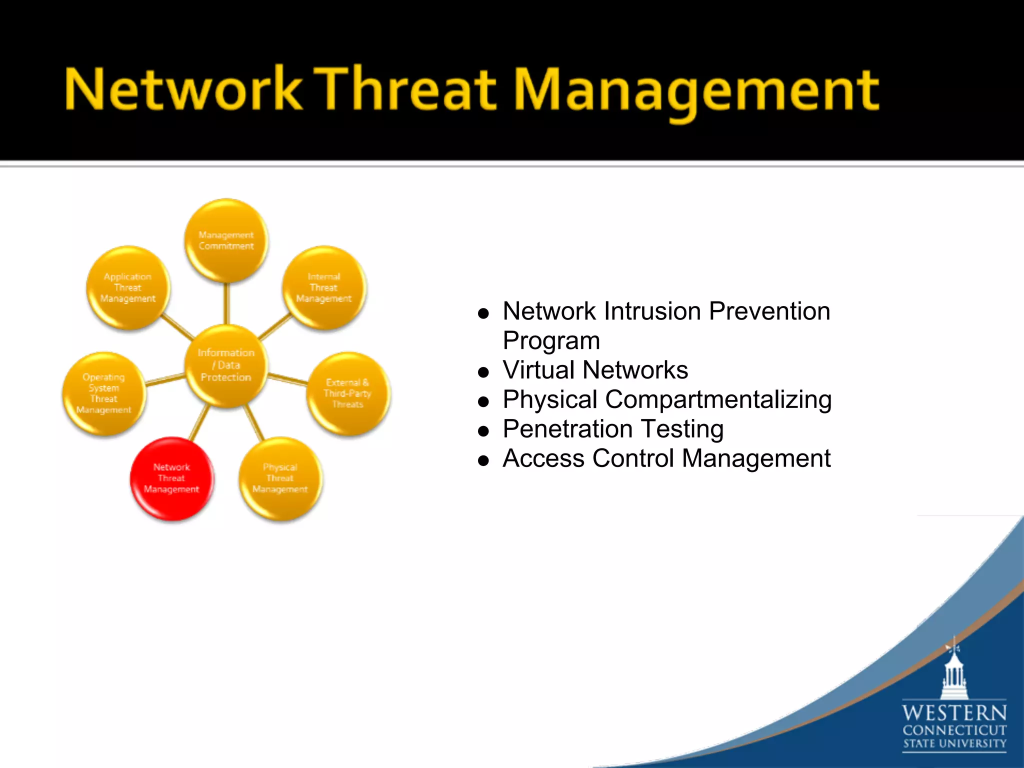 Network Intrusion Prevention
Program
Virtual Networks
Physical Compartmentalizing
Penetration Testing
Access Control Management
 