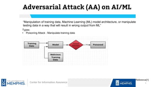Adversarial Attack (AA) on AI/ML
Types:
• Poisoning Attack : Manipulate training data
“Manipulation of training data, Machine Learning (ML) model architecture, or manipulate
testing data in a way that will result in wrong output from ML”
3
Reference[1]
 