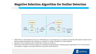 Negative Selection Algorithm for Outlier Detection
• Define Self as a normal pattern of activity or stable behavior of a system/process as a collection of logically split segments (equal-size) of
pattern sequence and represent the collection as a multiset S of strings of length lover a finite alphabet.
• Generate a set R of detectors, each of which fails to match any string in S.
• Monitor new observations (of S) for changes by continually testing the detectors matching against representatives of S. If any detector
ever matches, a change ( or deviation) must have occurred in system behavior.
45
 