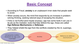 Basic Concept
• According to Freud, anxiety is an unpleasant inner state that people seek
to avoid.
• When anxiety occurs, the mind first responds by an increase in problem-
solving thinking, seeking rational ways of escaping the situation.
• If this is not fruitful (and maybe anyway), ego has some tools it can use in
its job as the mediator, tools that help defend the ego, these are called
Ego Defense Mechanisms or Defenses.
• They helped shield the ego from the conflicts created by the id, superego,
and reality.
 