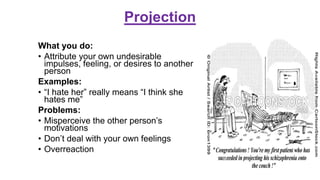Projection
What you do:
• Attribute your own undesirable
impulses, feeling, or desires to another
person
Examples:
• “I hate her” really means “I think she
hates me”
Problems:
• Misperceive the other person’s
motivations
• Don’t deal with your own feelings
• Overreaction
 