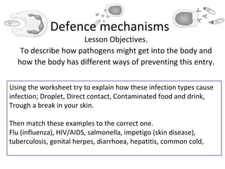 Defence mechanisms Lesson Objectives. To describe how pathogens might get into the body and how the body has different ways of preventing this entry. Using the worksheet try to explain how these infection types cause infection; Droplet, Direct contact, Contaminated food and drink, Trough a break in your skin. Then match these examples to the correct one. Flu (influenza), HIV/AIDS, salmonella, impetigo (skin disease), tuberculosis, genital herpes, diarrhoea, hepatitis, common cold, 