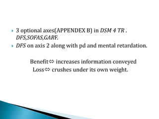  3 optional axes(APPENDEX B) in DSM 4 TR .
DFS,SOFAS,GARF.
 DFS on axis 2 along with pd and mental retardation.
Benefit increases information conveyed
Loss crushes under its own weight.
 