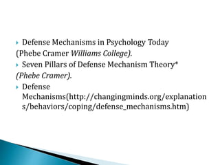  Defense Mechanisms in Psychology Today
(Phebe Cramer Williams College).
 Seven Pillars of Defense Mechanism Theory*
(Phebe Cramer).
 Defense
Mechanisms(http://changingminds.org/explanation
s/behaviors/coping/defense_mechanisms.htm)
 