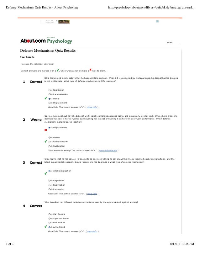 Defense mechanisms quiz results about psychology