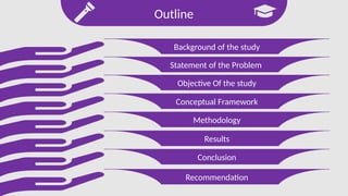 Outline
Background of the study
Statement of the Problem
Objective Of the study
Conceptual Framework
Methodology
Results
Conclusion
Recommendation
 