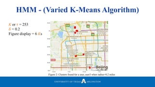 Figure 2: Clusters found for a user, user3 when radius=0.2 miles
K or 𝜏 = 253
𝛿 = 0.2
Figure display = 6 Ks
HMM - (Varied K-Means Algorithm)
 