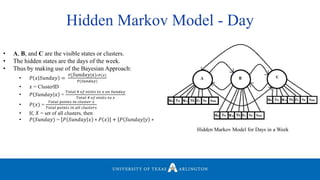 Hidden Markov Model for Days in a Week
• A, B, and C are the visible states or clusters.
• The hidden states are the days of the week.
• Thus by making use of the Bayesian Approach:
• 𝑃 𝑥 𝑆𝑢𝑛𝑑𝑎𝑦 =
𝑃 𝑆𝑢𝑛𝑑𝑎𝑦 𝑥 ∗𝑃(𝑥)
𝑃(𝑆𝑢𝑛𝑑𝑎𝑦)
• 𝑥 = ClusterID
• 𝑃 𝑆𝑢𝑛𝑑𝑎𝑦 𝑥 =
𝑇𝑜𝑡𝑎𝑙 # 𝑜𝑓 𝑣𝑖𝑠𝑖𝑡𝑠 𝑡𝑜 𝑥 𝑜𝑛 𝑆𝑢𝑛𝑑𝑎𝑦
𝑇𝑜𝑡𝑎𝑙 # 𝑜𝑓 𝑣𝑖𝑠𝑖𝑡𝑠 𝑡𝑜 𝑥
• 𝑃(𝑥) =
𝑇𝑜𝑡𝑎𝑙 𝑝𝑜𝑖𝑛𝑡𝑠 𝑖𝑛 𝑐𝑙𝑢𝑠𝑡𝑒𝑟 𝑥
𝑇𝑜𝑡𝑎𝑙 𝑝𝑜𝑖𝑛𝑡𝑠 𝑖𝑛 𝑎𝑙𝑙 𝑐𝑙𝑢𝑠𝑡𝑒𝑟𝑠
• If, 𝑋 = set of all clusters, then
• 𝑃(𝑆𝑢𝑛𝑑𝑎𝑦) = 𝑃 𝑆𝑢𝑛𝑑𝑎𝑦 𝑥 ∗ 𝑃 𝑥 + 𝑃 𝑆𝑢𝑛𝑑𝑎𝑦 𝑦 ∗
Hidden Markov Model - Day
 