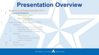 Presentation Overview
1. Research up to Proposal (October 2017)
I. Location Prediction
i. Hidden Markov Model
a. Chinese Study
ii. Deep Neural Network
a. American Study
2. Research after Proposal (May 2018)
I. Methods:
i. Recurrent Neural Networks (RNN)
ii. Long Short Term Memory (LSTM)
iii. Genetic Optimization Technique
II. Domain:
i. Stock Prediction
ii. Currency Exchange Prediction
iii. Location Prediction
III. System
IV. Future Works
 