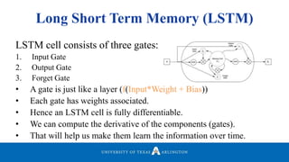Long Short Term Memory (LSTM)
LSTM cell consists of three gates:
1. Input Gate
2. Output Gate
3. Forget Gate
• A gate is just like a layer (f(Input*Weight + Bias))
• Each gate has weights associated.
• Hence an LSTM cell is fully differentiable.
• We can compute the derivative of the components (gates).
• That will help us make them learn the information over time.
 