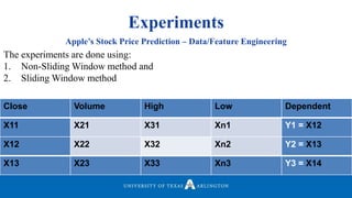 Experiments
Apple’s Stock Price Prediction – Data/Feature Engineering
The experiments are done using:
1. Non-Sliding Window method and
2. Sliding Window method
Close Volume High Low Dependent
X11 X21 X31 Xn1 Y1 = X12
X12 X22 X32 Xn2 Y2 = X13
X13 X23 X33 Xn3 Y3 = X14
 